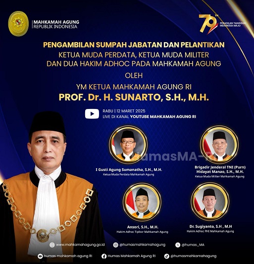 Poster kegiatan Ketua MA bakal mengambil sumpah dan pelantikan Ketua Muda Perdata, Ketua Muda Pidana dan Hakim Ad hoc Tingkat Kasasi. Foto dokumentasi MA