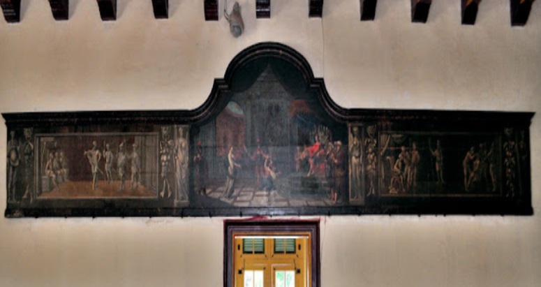 Tampak 3 (tiga bagian lukisan), yang paling kiri kisah Raja Cambyses dari Persia, tengah Kisah Raja Salomo, dan kanan kisah Raja Zaleukos dari Lokri. Foto istimewa