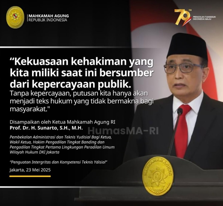 Pembekalan Ketua Mahkamah Agung  Prof. Dr. H. Sunarto, S.H., M.H. pada kegiatan pembekalan Administrasi dan Teknis Yudisial di Jakarta (23/5/2025). Foto dokumentasi Humas Mahkamah Agung