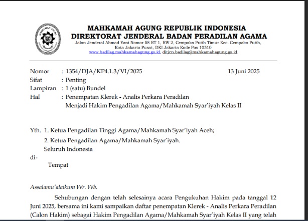 Ditjen Badilag mengumumkan hakim baru akan disebar ke 173 satuan kerja (satker) Pengadilan Agama Kelas II di seluruh penjuru Tanah Air. Foto istimewa