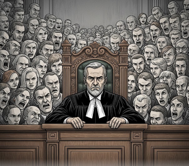 Ilustrasi hakim dalam tekanan opini. Foto: gemini.google.com/