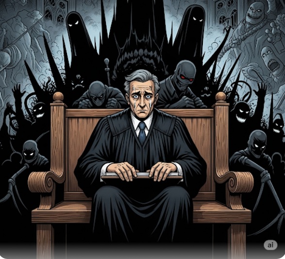 Ilustrasi hakim hidup dalam bayang-bayang ancaman. Foto gemini.google.com/