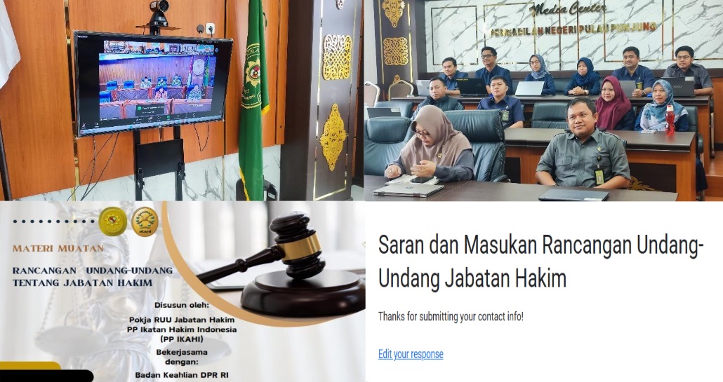 MA RI menggelar diskusi nasional yang dilaksanakan daring melalui Zoom Meeting, Selasa (15/7/2025). Kegiatan ini diikuti ketua dan para Hakim Pengadilan Negeri Pulau Punjung dari Ruang Media Center PN Pulau Punjung. Foto dokumentasi PN Pulau Punjung.