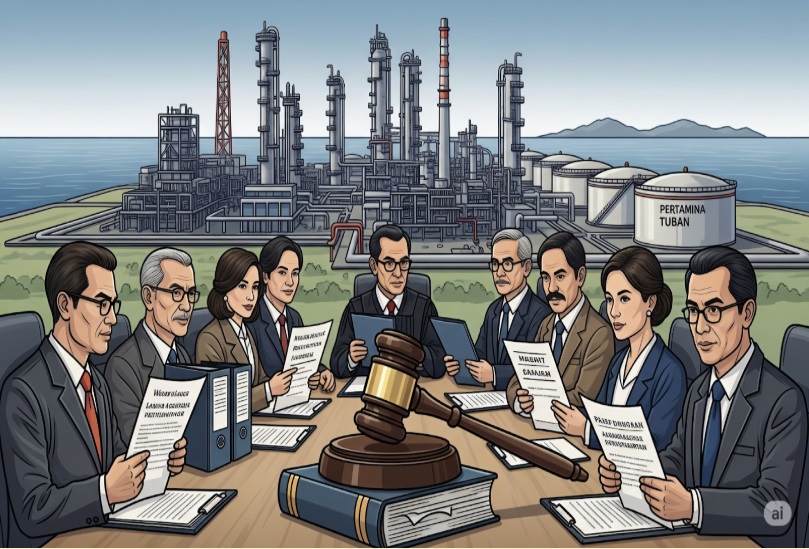 Ilustrasi gambar putusan Kilang Minyak Pertamina Tuban menghasilkan tafsir ‘konsultasi publik’ dalam UU Pengadaan Tanah. Gambar ilustrasi oleh Gemini AI