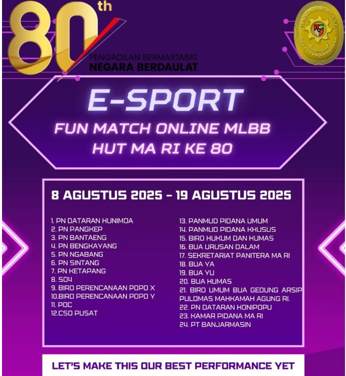 Poster kegiatan fun match e-sport Mobile Legends dalam rangka memperingati Hari Ulang Tahun Mahkamah Agung RI ke-80. Foto istimewa