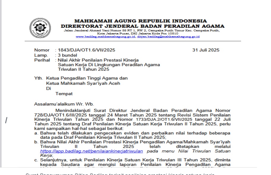 Surat Pengumuman Ditjen Badilag terkait penilaian prestasi kinerja satuan kerja  di lingkungan peradilan agama triwulan II-2025. Dokumentasi website Badilag