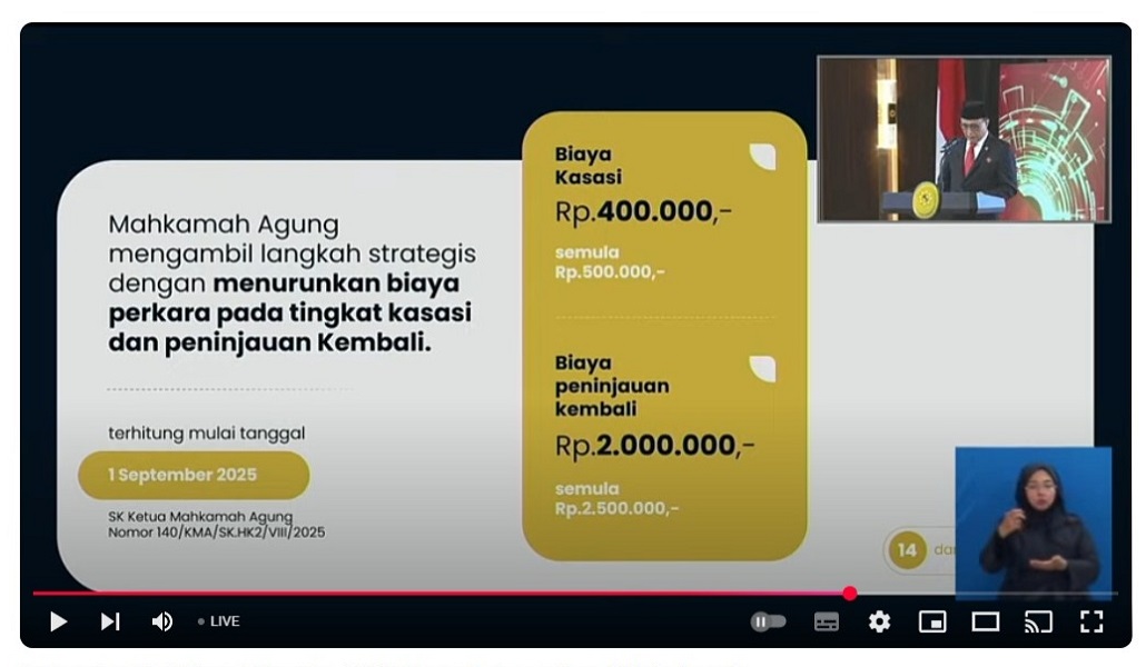 Ketua Mahkamah Agung Prof. Dr. Sunarto, S.H., M.H. mengumumkan kebijakan penurunan biaya perkara pada tingkat kasasi dan peninjauan kembali (PK) yang berlaku mulai 1 September 2025. Foto dokumentasi YouTube MA