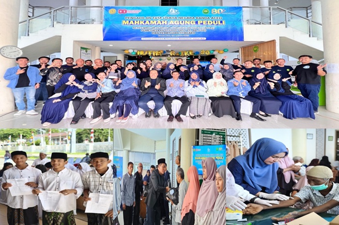Suasana kegiatan MA Peduli PTUN Banda Aceh, meliputi foto bersama panitia, pemeriksaan kesehatan gratis, dan pembagian sembako, Sabtu (23/8/2025).