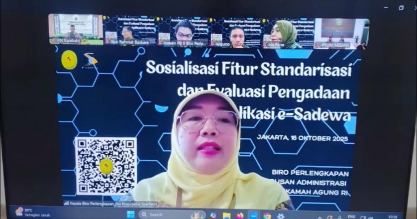 Sosialisasi fitur standarisasi dan evaluasi pengadaan aplikasi e-sadewa. Foto ; Dokumentasi via zoom