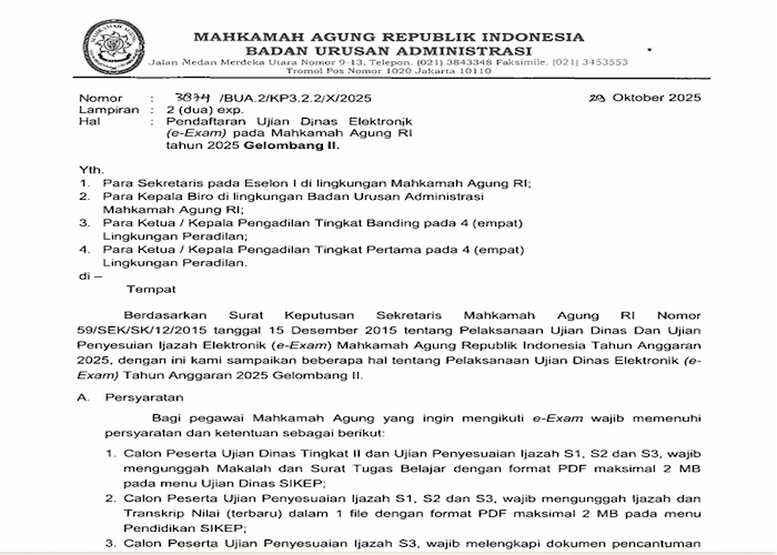 Surat edaran pelaksanaan ujian e-Exam. Foto : dok BUA MA