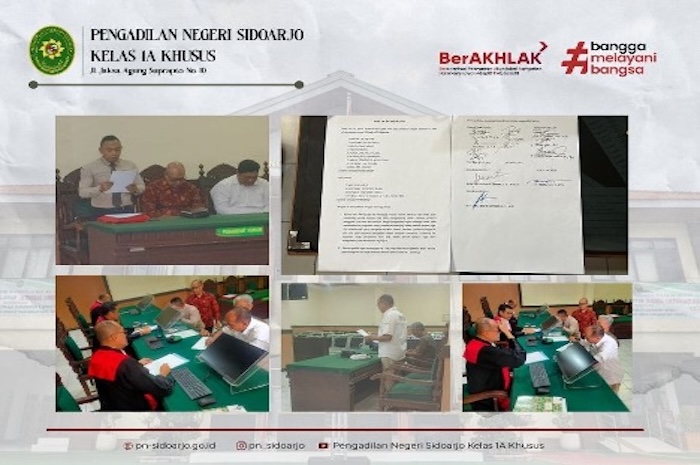 Pembacaan pakta integritas oleh para pihak dalam persidangan di PN Sidoarjo. Foto : Dokumentasi PN Sidoarjo