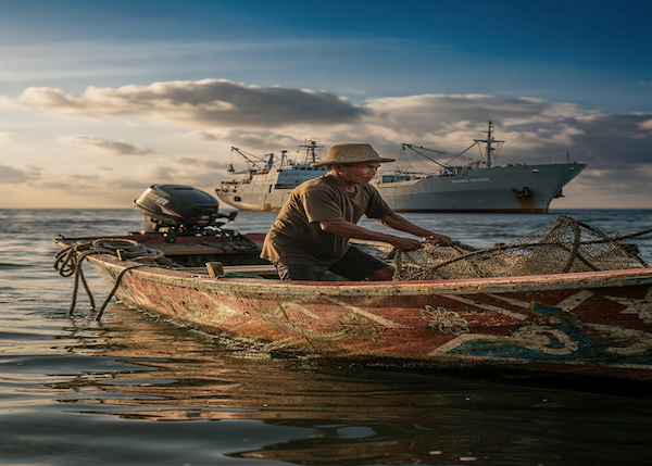 Ilustrasi di hadapan kapal penangkap ikan asing raksasa, nelayan kecil berjuang di lautnya sendiri; di sanalah hukum seharusnya berpihak melindungi yang lemah dan menertibkan yang kuat.. Foto : Ilustrasi oleh penulis