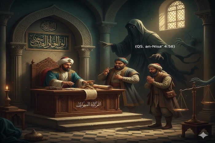 Ilustrasi Risywah, ghulūl, dan pengkhianatan amanah era Peradilan Islam. Foto : Ilustrasi dibuat oleh AI