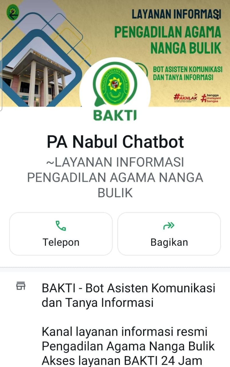 Pengadilan Agama Nanga Bulik Rilis Layanan Informasi Berbasis Whatsapp Chatbot