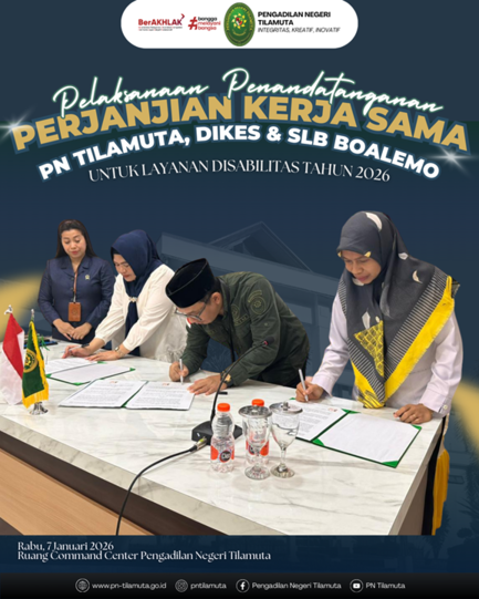 (Foto: Penandatanganan MoU PN Tilamuta dengan Dinkes Kabupaten Boalemo dan Sekolah Luar Biasa (SLB) Boalemo | Dok. PN Tilamuta)