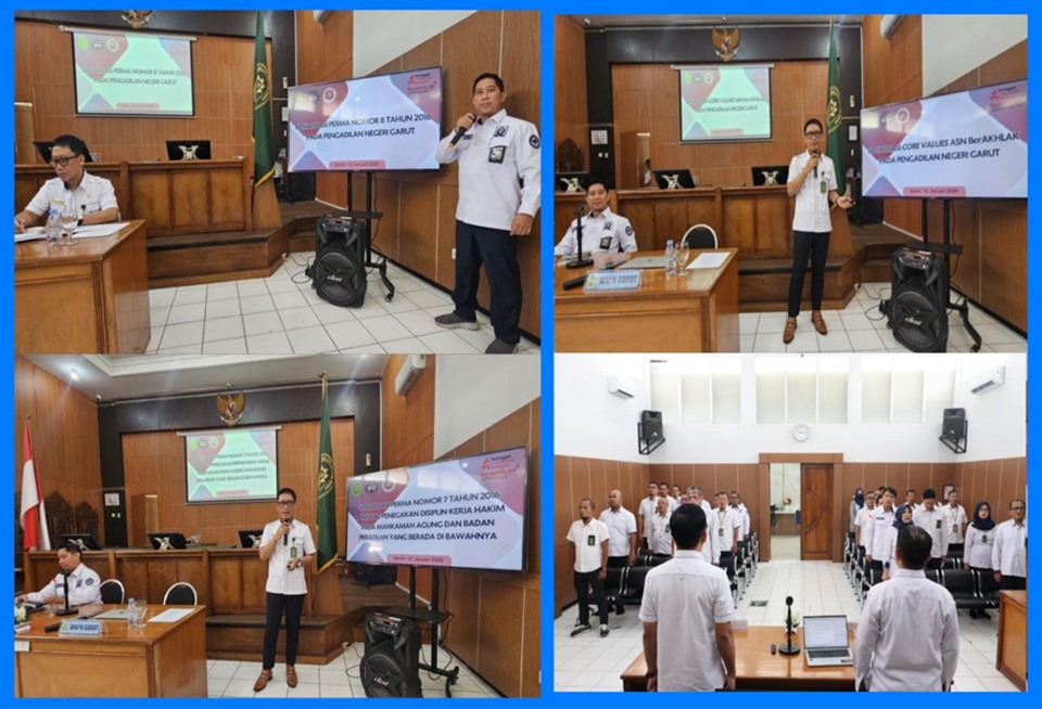 Pengadilan Negeri (PN) Garut Kelas IB menggelar sosialisasi PERMA Nomor 7 dan 8 Tahun 2016 serta Core Values ASN BerAKHLAK bagi aparatur peradilan, Senin (12/1). (Foto: Dok. PN Garut)